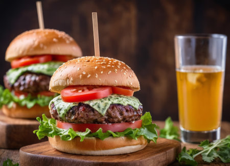 A mouth-watering burger stacked with juicy beef pattie topped with melted cheese. Fresh lettuce leaves and sliced onions add a crisp texture. Served alongside a refreshing glass of juice and cherry tomatoes.の素材