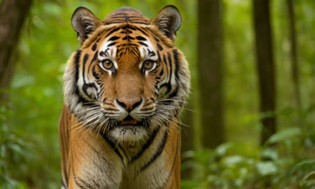 A powerful tiger with striking stripes roams majestically through a lush forest. The greenery accentuates the tiger's vibrant colors and marks a serene yet wild atmosphere. Ideal for wildlife enthusiasts and nature explorations.の素材