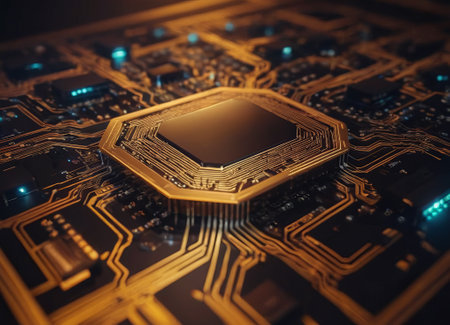 A close-up of the complex and intricate circuit board, focusing on the central chip. The chip has several layers and is built into a dark circuit board with gold traces.の素材