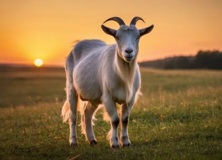 The image captures a close-up of a white goat during the golden hour, with the sun setting in the background. The serene and peaceful environment is enhanced by the soft lighting and expansive landscape.の素材