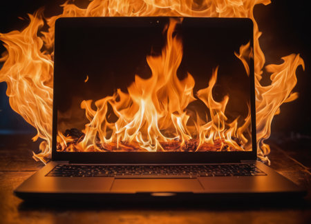 A dramatic image of a blue laptop engulfed in vivid orange and yellow flames, indicating a severe fire hazard or a metaphor for a disastrous situation.の素材