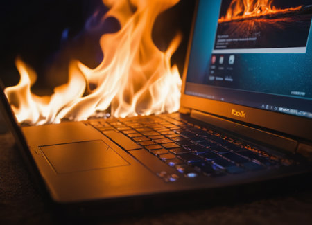 A dramatic image of a blue laptop engulfed in vivid orange and yellow flames, indicating a severe fire hazard or a metaphor for a disastrous situation.の素材