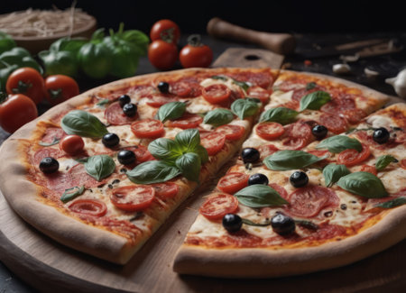 A warm and inviting image of a freshly baked pizza on a wooden board, with a fire in the background. The pizza is topped with cheese, tomatoes, olives and basil, and surrounded by whole tomatoes and a green bell pepperの素材