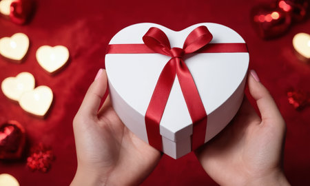 A pair of elegant hands gracefully hold a heart-shaped gift box adorned with a delicate red ribbon. The image evokes a sense of love and affection and is perfect for occasions like Valentine's Day or anniversaries.の素材