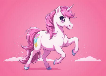 A cute and magical image of a cartoon-style unicorn with a light pink body, a darker pink mane and tail, a white horn, and a mark of another unicorn on its side, on a solid pink background.の素材