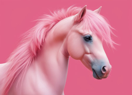 A captivating portrait of a horse with a beautifully styled pink mane against a vibrant pink background. The image exudes an aura of mystique and fantasy. Ideal for projects related to magic and beauty.の素材
