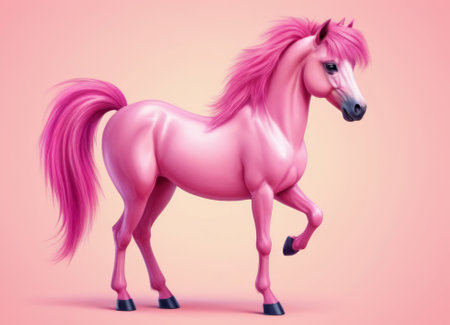 A captivating portrait of a horse with a beautifully styled pink mane against a vibrant pink background. The image exudes an aura of mystique and fantasy. Ideal for projects related to magic and beauty.の素材