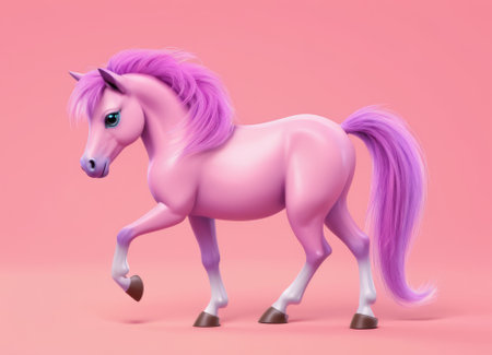 A captivating portrait of a horse with a beautifully styled pink mane against a vibrant pink background. The image exudes an aura of mystique and fantasy. Ideal for projects related to magic and beauty.の素材