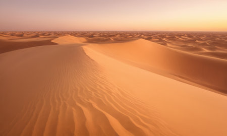 A breathtaking view of a golden sunset illuminating the serene desert landscape. The intricate patterns on the sand dunes are highlighted by the soft yet radiant glow of the setting sun. A moment of pure tranquility and natural beauty.の素材