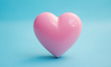 A glossy pink heart stands out against a vibrant blue background. The image exudes warmth and affection and is perfect for themes of love and romance. Ideal for Valentine's Day promotions or expressing sentiments of love.の素材