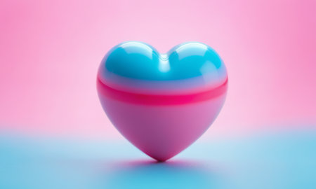 A glossy pink heart stands out against a vibrant blue background. The image exudes warmth and affection and is perfect for themes of love and romance. Ideal for Valentine's Day promotions or expressing sentiments of love.の素材