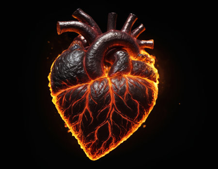 A heart ablaze with intense flames symbolizes passionate love. The dark backdrop accentuates the glowing embers and intricate details of the fiery heart. Ideal for expressing deep affection or romantic sentiments.の素材