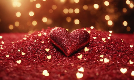 Glistening hearts rest amidst a shower of smaller heart shapes. The radiant glow and the deep red hue evoke a sense of warmth and affection. Ideal for expressing love and romance. Valentine's Dayの素材
