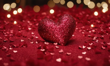 Glistening hearts rest amidst a shower of smaller heart shapes. The radiant glow and the deep red hue evoke a sense of warmth and affection. Ideal for expressing love and romance. Valentine's Dayの素材