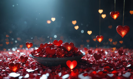 Glistening hearts rest amidst a shower of smaller heart shapes. The radiant glow and the deep red hue evoke a sense of warmth and affection. Ideal for expressing love and romance. Valentine's Dayの素材