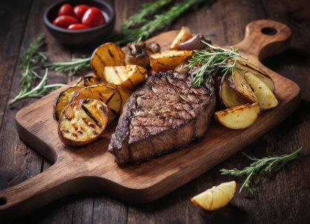 A delicious and appetizing meal, focusing on a grilled steak that is complemented by various sides. The steak is cooked to medium-rare perfection and garnished with herbs. The fries are crispy and seasoned, and the tomatoes are fresh and juicy. The meal is presented on a wooden board and table, giving the scene a cozy and homely atmosphere.の素材
