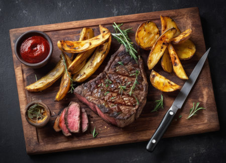 A delicious and appetizing meal, focusing on a grilled steak that is complemented by various sides. The steak is cooked to medium-rare perfection and garnished with herbs. The fries are crispy and seasoned, and the tomatoes are fresh and juicy. The meal is presented on a wooden board and table, giving the scene a cozy and homely atmosphere.の素材