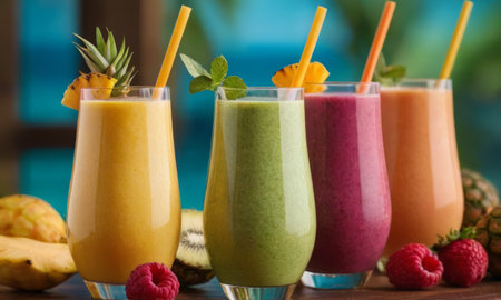 A vibrant display of four different flavored fresh fruit smoothies. Each glass is topped with a variety of fruits and placed against a backdrop of lush greenery. The image exudes freshness and the invigorating essence of natural ingredients.の写真素材