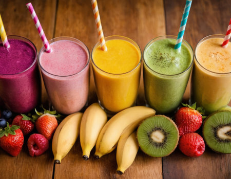 A vibrant display of four different flavored fresh fruit smoothies. Each glass is topped with a variety of fruits and placed against a backdrop of lush greenery. The image exudes freshness and the invigorating essence of natural ingredients.の写真素材