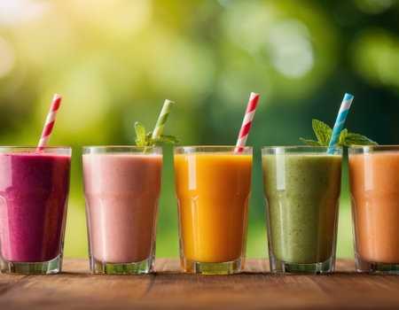 A vibrant display of four different flavored fresh fruit smoothies. Each glass is topped with a variety of fruits and placed against a backdrop of lush greenery. The image exudes freshness and the invigorating essence of natural ingredients.の写真素材