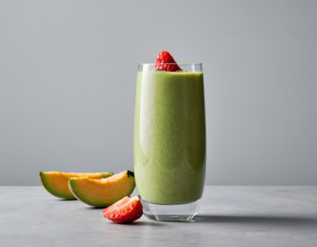 A vibrant green smoothie sits elegantly against a dark backdrop. Garnished with a slice of orange and raspberry a whole pineapple and scattered raspberries accentuate the tropical theme. The image evokes a sense of refreshing indulgence.の素材