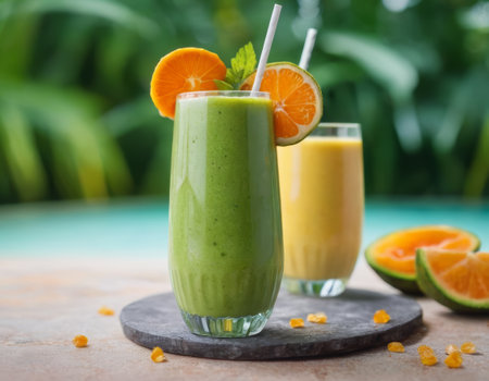 A vibrant green smoothie sits elegantly against a dark backdrop. Garnished with a slice of orange and raspberry a whole pineapple and scattered raspberries accentuate the tropical theme. The image evokes a sense of refreshing indulgence.の素材