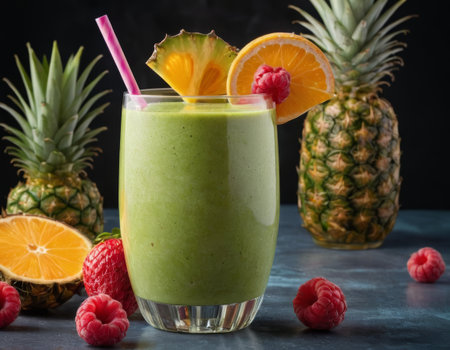 A vibrant green smoothie sits elegantly against a dark backdrop. Garnished with a slice of orange and raspberry a whole pineapple and scattered raspberries accentuate the tropical theme. The image evokes a sense of refreshing indulgence.の素材