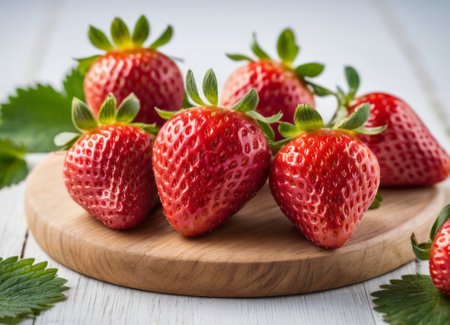 Fresh ripe strawberries on wooden.の素材