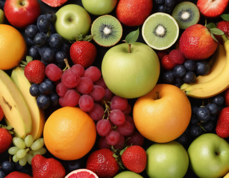 A colorful and vibrant assortment of fresh fruits and berries fills the frame. The mix includes sliced oranges and kiwis amidst whole strawberries and blueberries. A visual feast that highlights nature s variety in colors and shapes.の素材