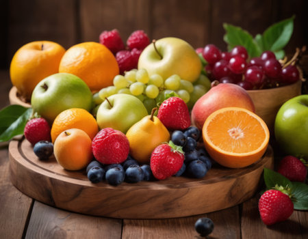 A sparkling basket filled with a variety of fresh fruits including apples, oranges and grapes. The vibrant colors are highlighted by natural sunlight filtering through the lush green backdrop. healthy lifestyle themeの素材