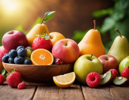 A sparkling basket filled with a variety of fresh fruits including apples, oranges and grapes. The vibrant colors are highlighted by natural sunlight filtering through the lush green backdrop. healthy lifestyle themeの素材