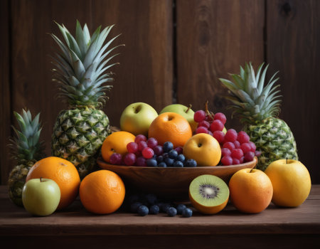 A sparkling basket filled with a variety of fresh fruits including apples, oranges and grapes. The vibrant colors are highlighted by natural sunlight filtering through the lush green backdrop. healthy lifestyle themeの素材