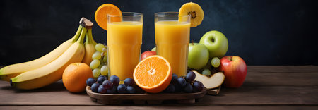 A glass of orange juice surrounded by fruit. Morning moodの素材