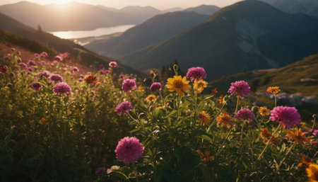 A serene and picturesque landscape during golden hour as warm sunlight softly illuminates the scene. A group of bright flowers stands out in the foreground, while layers of majestic mountains and a tranquil lake are visible in the background.の素材