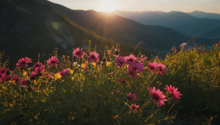 A serene and picturesque landscape during golden hour as warm sunlight softly illuminates the scene. A group of bright flowers stands out in the foreground, while layers of majestic mountains and a tranquil lake are visible in the background.の素材