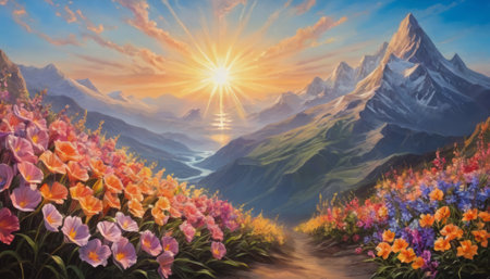 A breathtaking and serene landscape during sunrise or sunset. The warm and vibrant colors create an atmosphere of tranquility and awesome. The sun, mountains, river, and flowers are the main elements of the scene.の素材