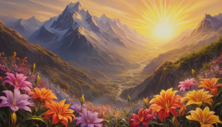 A breathtaking and serene landscape during sunrise or sunset. The warm and vibrant colors create an atmosphere of tranquility and awesome. The sun, mountains, river, and flowers are the main elements of the scene.の素材