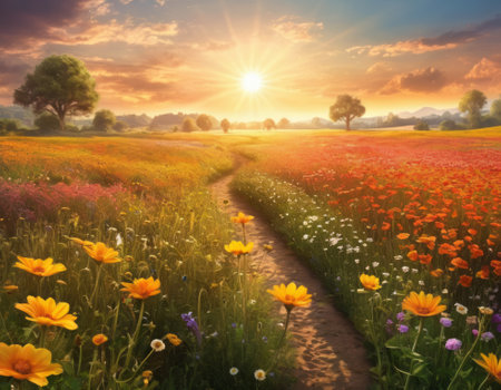 A breathtaking sunrise illuminating a vibrant meadow teeming with colorful blossoms. The serene landscape exudes warmth and tranquility as light rays dance over the flowers. A picturesque scene capturing nature's awakeningの素材