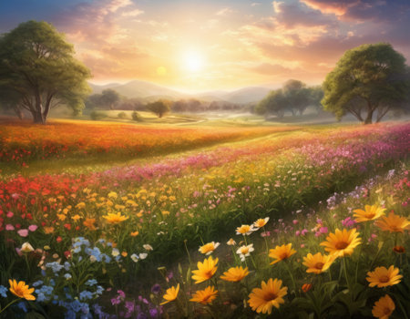 A breathtaking sunrise illuminating a vibrant meadow teeming with colorful blossoms. The serene landscape exudes warmth and tranquility as light rays dance over the flowers. A picturesque scene capturing nature's awakeningの素材
