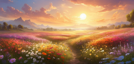 A breathtaking sunrise illuminating a vibrant meadow teeming with colorful blossoms. The serene landscape exudes warmth and tranquility as light rays dance over the flowers. A picturesque scene capturing nature's awakeningの素材