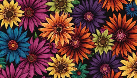 A vibrant and colorful collection of flowers set against a dark background. The flowers are illustrated in a detailed and artistic manner, giving the image a lively and cheerful appearance.の素材