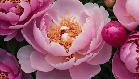A close-up view of vibrant and delicate peonies. The flowers are captured in various stages of bloom, exuding a sense of natural beauty and elegance.の素材