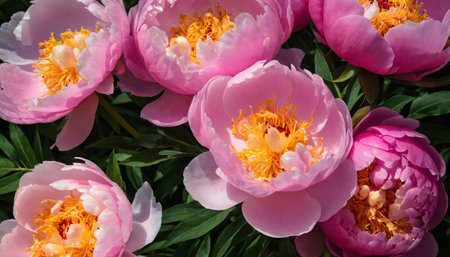 A close-up view of vibrant and delicate peonies. The flowers are captured in various stages of bloom, exuding a sense of natural beauty and elegance.の素材