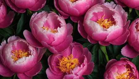 A close-up view of vibrant and delicate peonies. The flowers are captured in various stages of bloom, exuding a sense of natural beauty and elegance.の素材