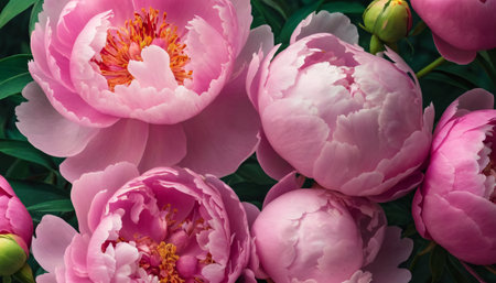 A close-up view of vibrant and delicate peonies. The flowers are captured in various stages of bloom, exuding a sense of natural beauty and elegance.の素材