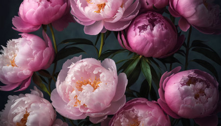 A close-up view of vibrant and delicate peonies. The flowers are captured in various stages of bloom, exuding a sense of natural beauty and elegance.の素材