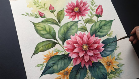A beautiful and vibrant watercolor painting of flowers and leaves. A hand is visible, holding a paintbrush that s touching one of the leaves, indicating the painting process.の素材