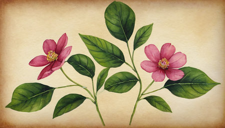 Beautiful pink flowers on old paper background. Hand drawn illustration.の素材