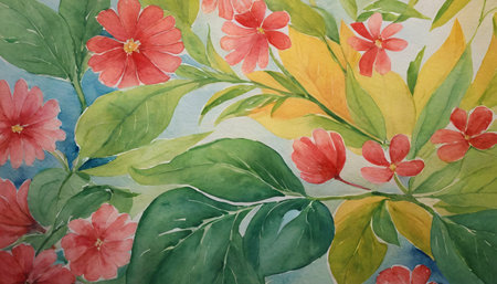 Watercolor painting of flowers and leaves on fabric. Handmade.の素材
