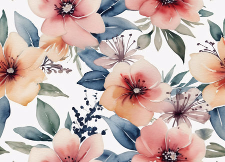 A beautiful watercolor painting featuring a collection of vibrant flowers against a dark background. The flowers are in full bloom, showcasing petals in shades of red, pink, orange, and purple. The flowers have detailed centers with visible stamens.の素材